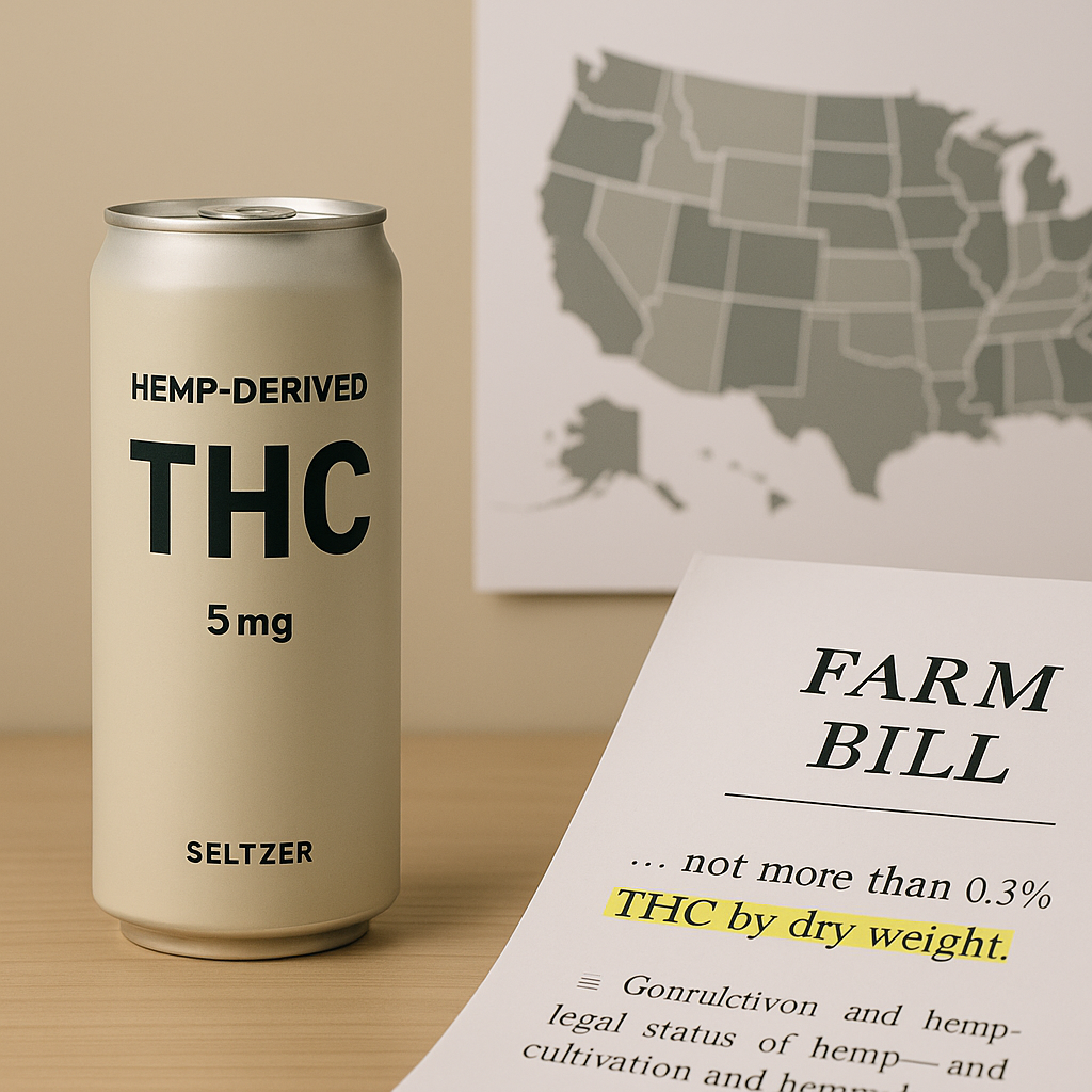 A can of hemp-derived THC seltzer next to the Farm Bill with a United States map in the background.