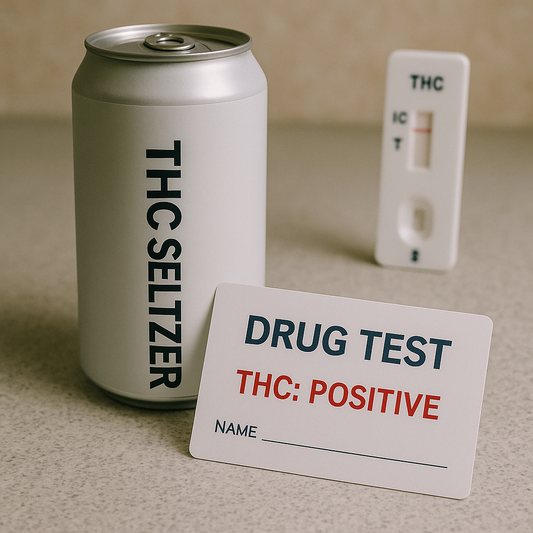 A can of THC seltzer next to a positive drug test.